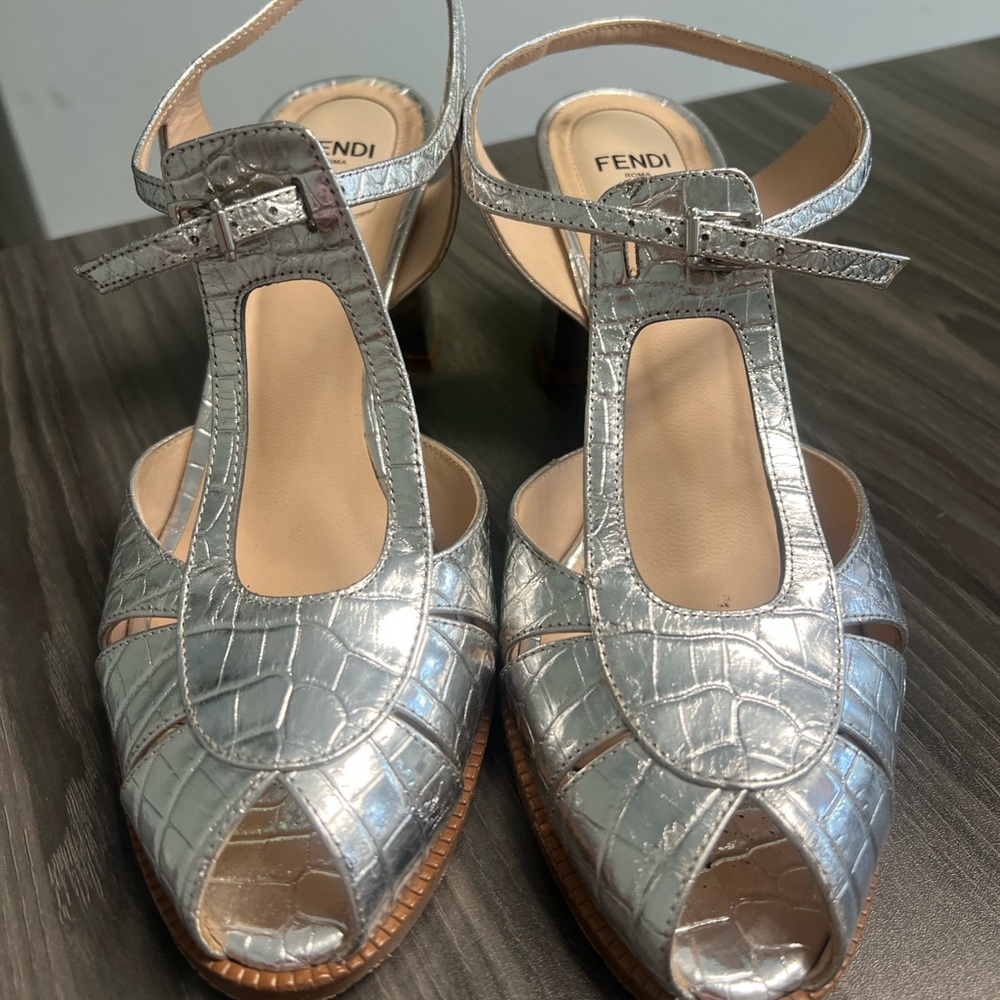Fendi Silver Heels with Croc-Embossed Texture